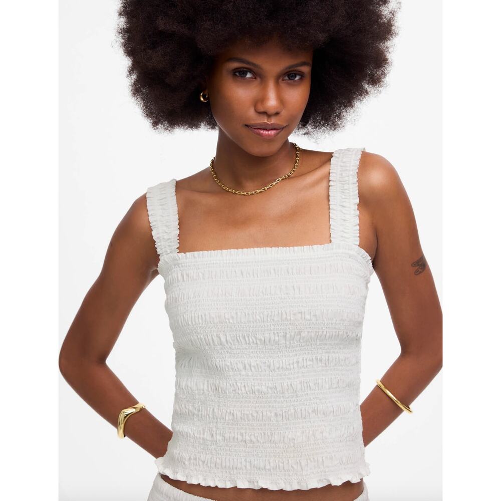 Madewell White Smocked Square-Neck Tank Top